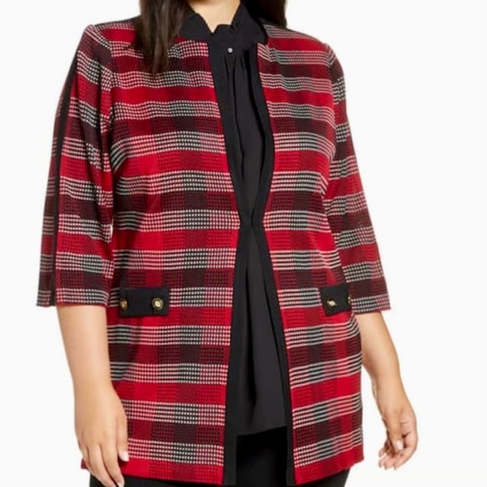 Ming Wang ‘Long Plaid Knit Jacket’ in “Bonfire Red / Black / Ivory” Size XL